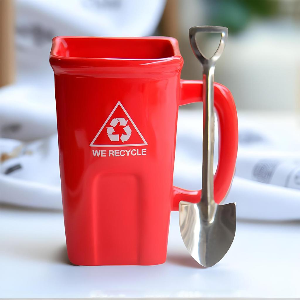 Funny Trash Can Shaped Mug with shovel shaped spoon, Creative Ceramic Trash Can-shaped Coffee Mug, Breakfast Cup Microwave Safe