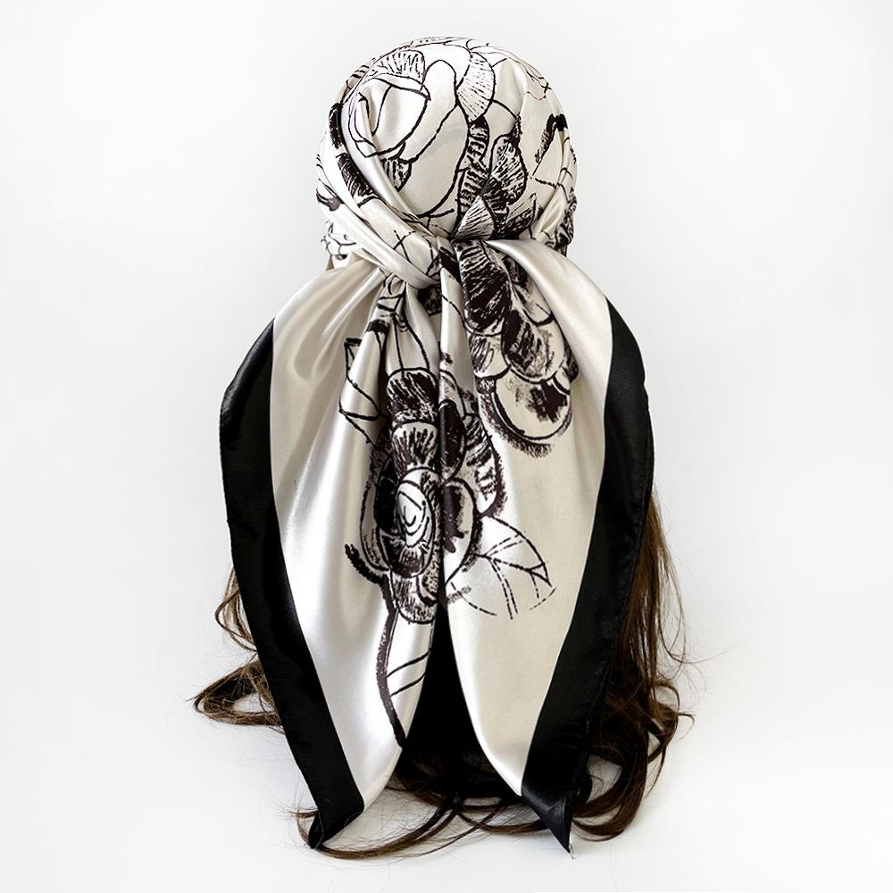 90cm Rayon Satin Scarf – Camellia Print Headscarf: A Trendy, Versatile Shawl for Women