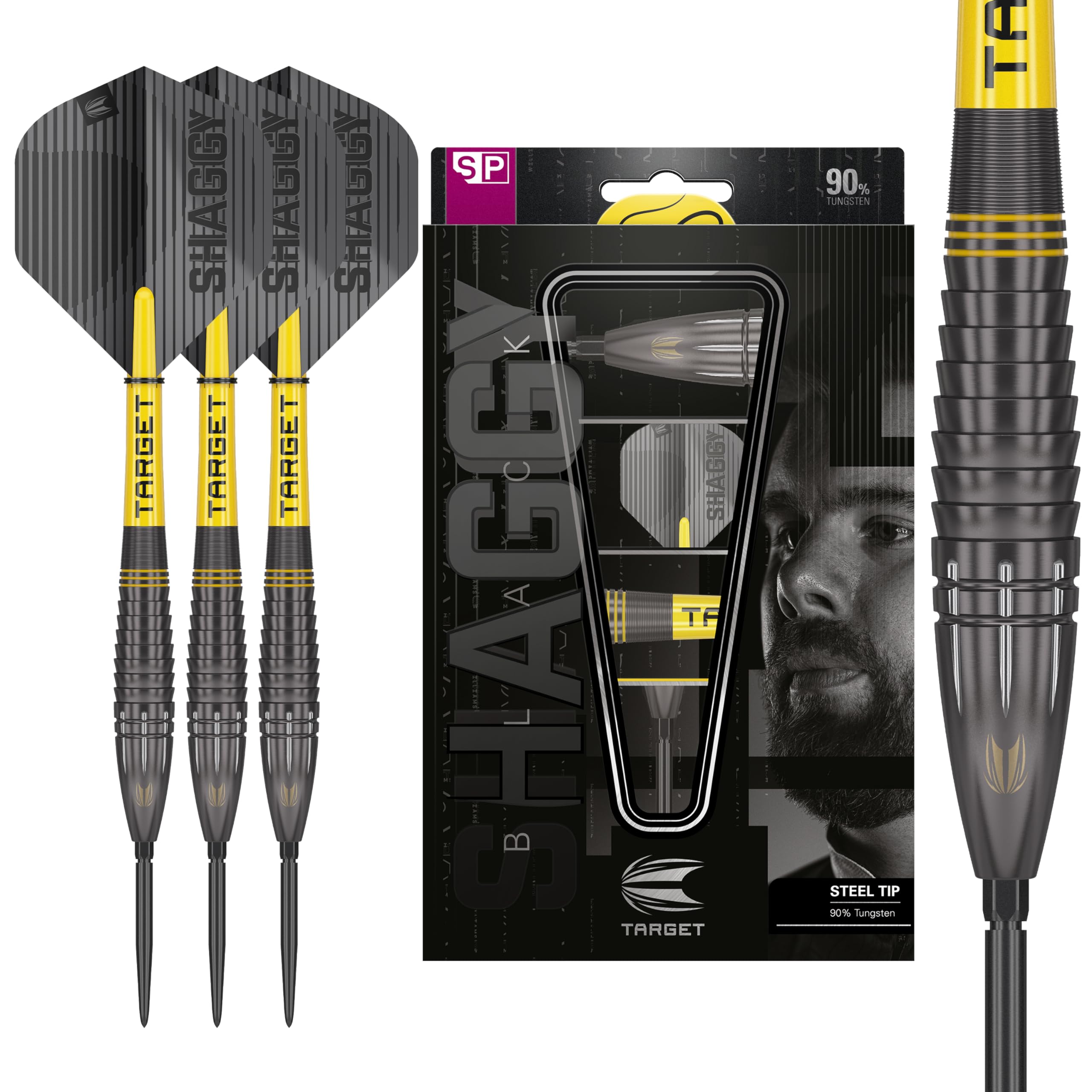 

Target Darts Scott Williams Black Tungsten Steel Tip Darts Set 25g Steel Tip Darts Set with Swiss Point Darts and SP Player Edition Shaggy Darts Set