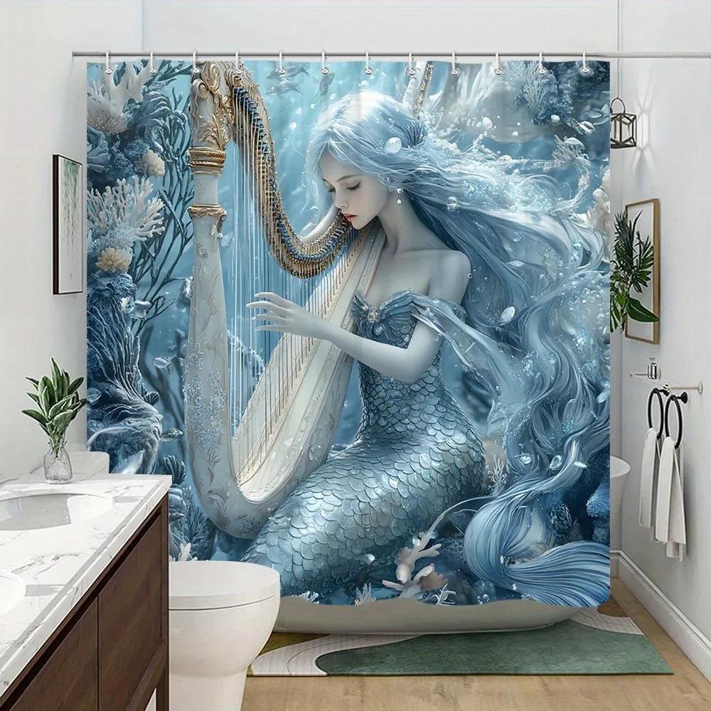 Enchanting Mermaid Harp Shower Curtain - Oceanic Fantasy Design For Modern Bathroom Décor, Waterproof, Easy Care & Unique Art