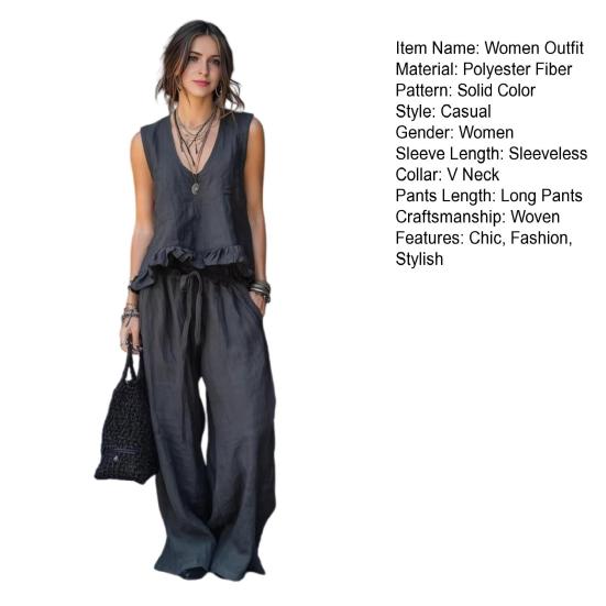 Summer Ruffle 2 Piece Sets for Women Sleeveless V Neck Tank Top And Wide Leg Pants Sets Casual Loose Loungewear Outfits
