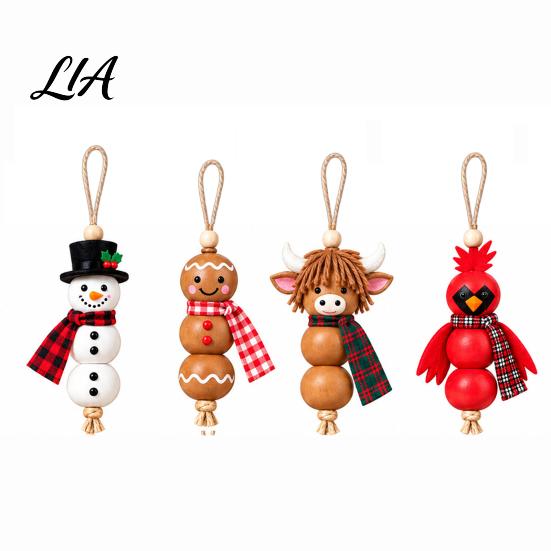 Wooden Bead Craft Kit Christmas Ornament DIY Kit, Make 4 Beaded Pendants, Wood Kits for Holidays Handmade Holiday Hanging Decorations Tree Mantel