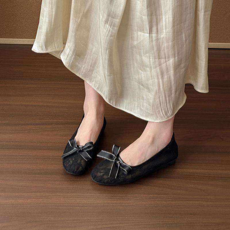 Mode 2025 Neue Damen Rundzehen Flachmündung Schleife Mesh Spitze Atmungsaktiv Weiche Sohle Flache Mesh Schuhe Frühling und Sommer Neue Einzelne Schuhe