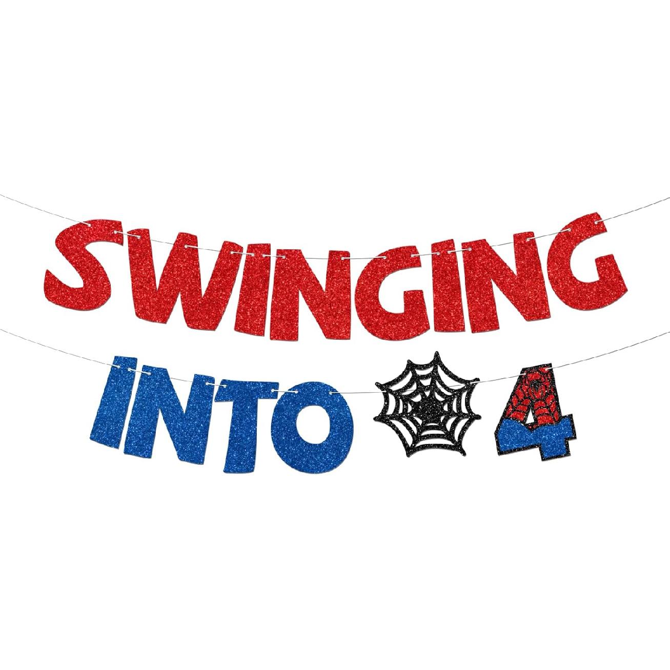 Swinging into 4 Banner Superhero Themed Birthday Party Decorations Garland for Kids Boys Girls 4th Birthday Bunting Decor for Spider Party Supplies