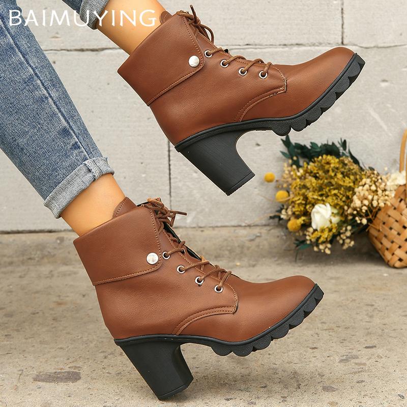 Winter Chunky Women Ankle Boots Lace Up High Heels Designer Retro Shoes New Brand 2025 Trend Fad Leather Pumps Goth Botas Mujer