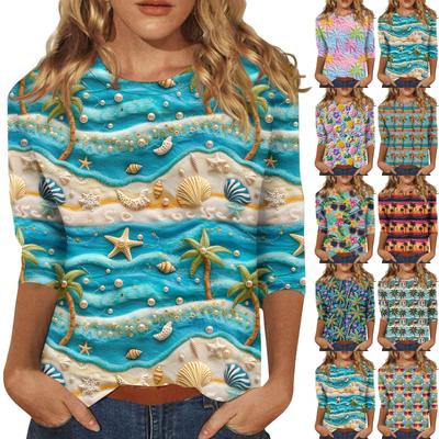 Damenmode Lässiges Rundhals-T-Shirt mit 3/4-Ärmeln und lockerem Aufdruck