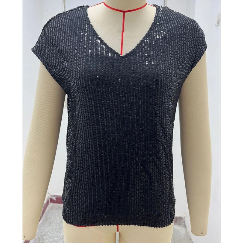 Sommer Neuer Stil Damen V-Ausschnitt Pailletten Ärmellos Modisch Lässig Glänzend Party Hemd
