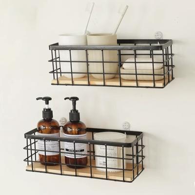 Wall Mount Storage Basket Wood Base Kitchen Spices Fruit Vegetables Bathroom Organizer Multifunctional Hanging Basket