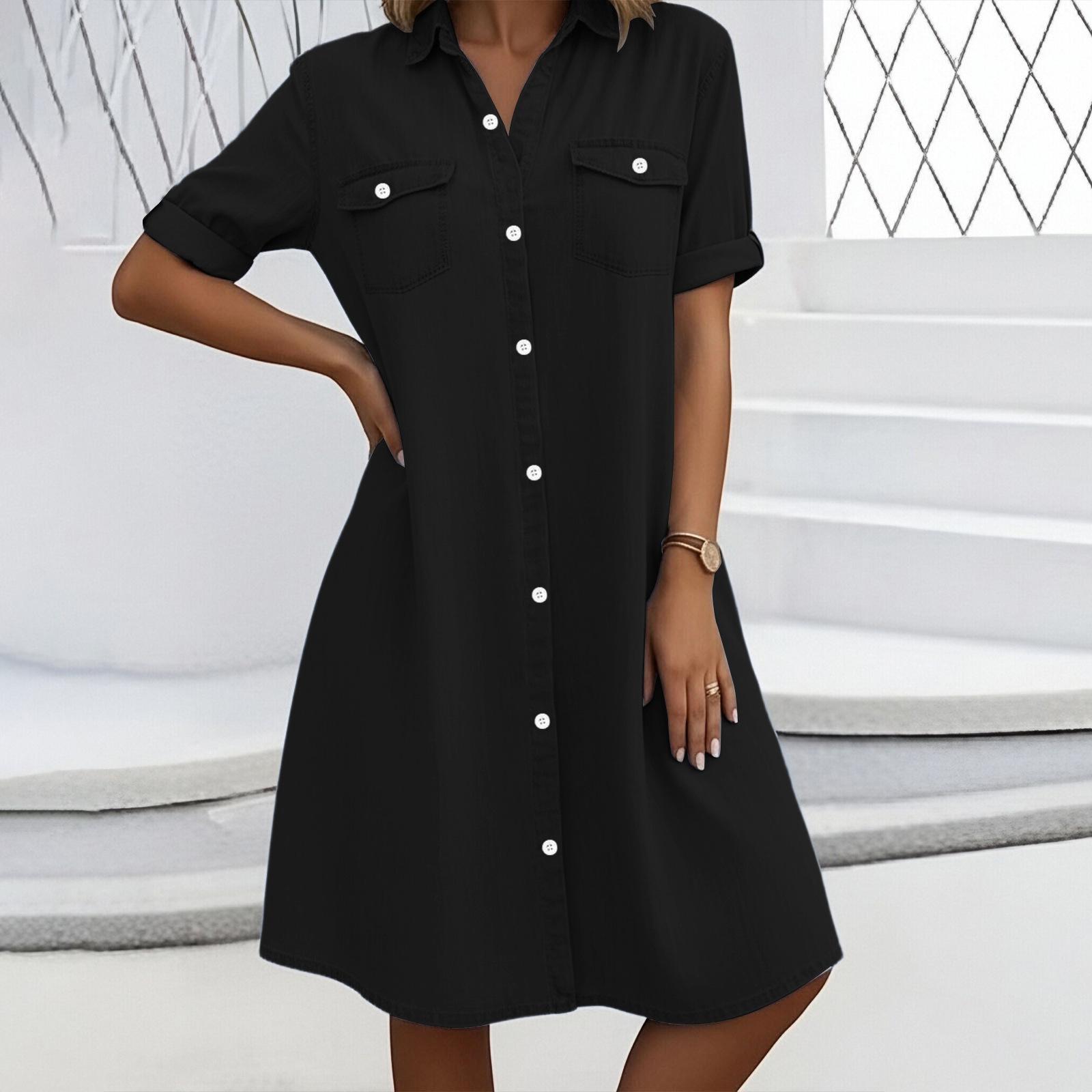 

Women s Fashionable Casual Shirt Dress With Buttons, V-neck, Short-sleeved Dress L чёрный