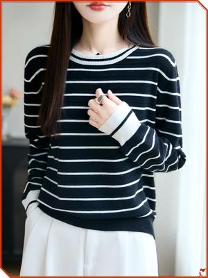 Women's Striped Crew Neck Sweater - Versatile Autumn/Winter Fashion Knitwear
