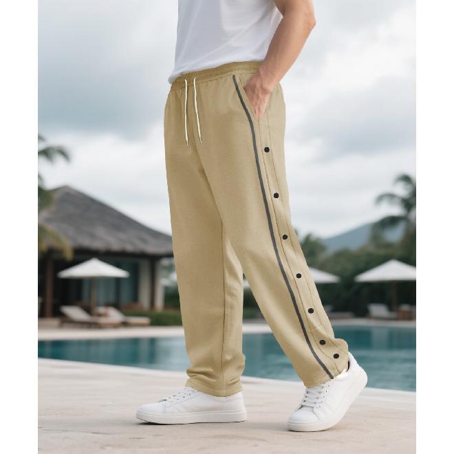 Men's New Elastic Waist Loose Casual Sports Straight Pants with Side Buttons