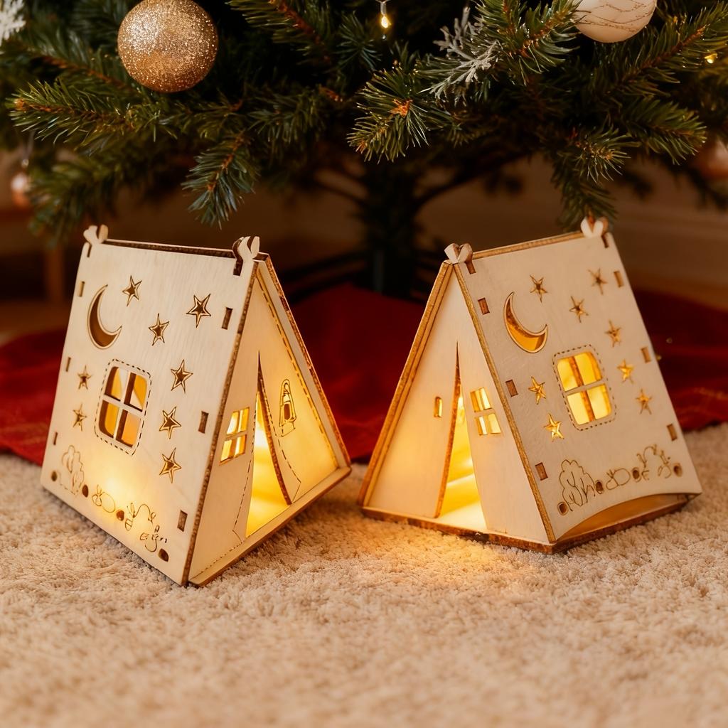4pcs Christmas Decorative Wooden Triangular Tent Houses, for Holiday Decoration, Desktop Ornaments, Party Setups, Home Decor, and Holiday Gifts