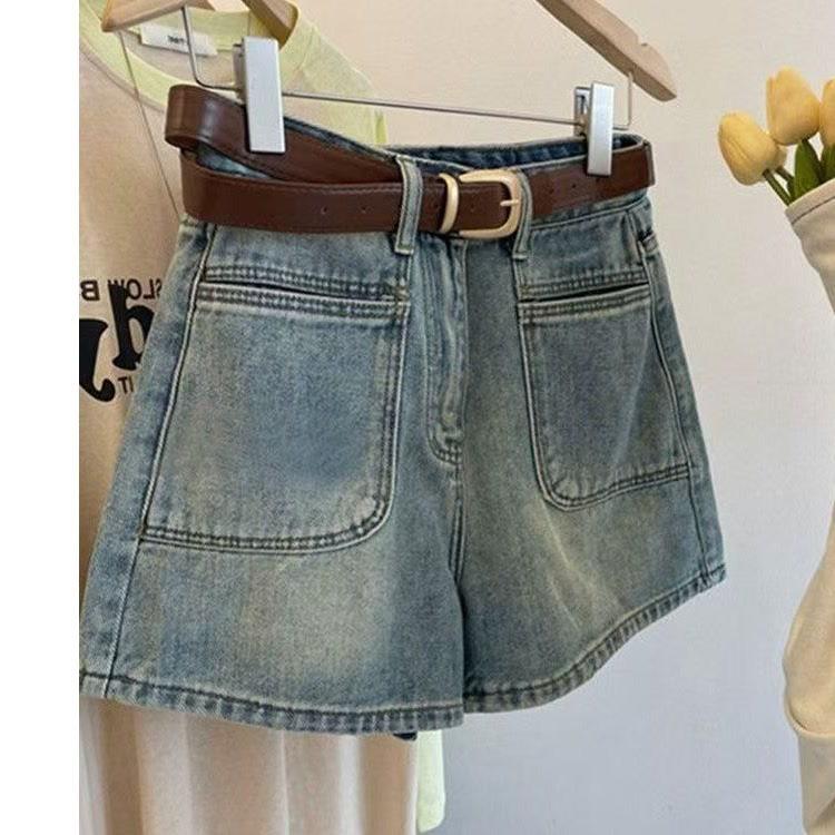 

Лето 2025 Джинсовые шорты А-силуэта с высокой посадкой: Модный, Универсальный, Свободный крой, Стройнящий и Увеличивающий рост. L синий