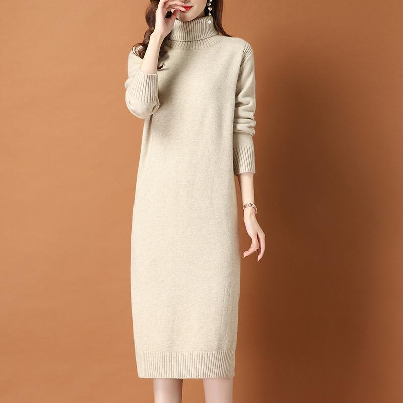 Turtleneck Sweater Dress for Women Solid Color Mid-length Knee-length Knitted Sweater Loose Long-sleeved Pullover Autumn and Winter
