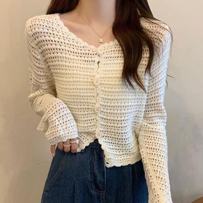 Hollowed-out V-neck Long-sleeve Knitted Cardigan for Women Early Autumn Versatile Thin Outerwear Top