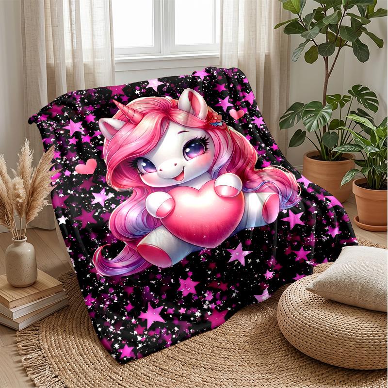 Pink Mane Unicorn in Magical Sky Theme blanket Lightweight Warm Flannel Blanket Decorative Throw Blanket for Home Decoration