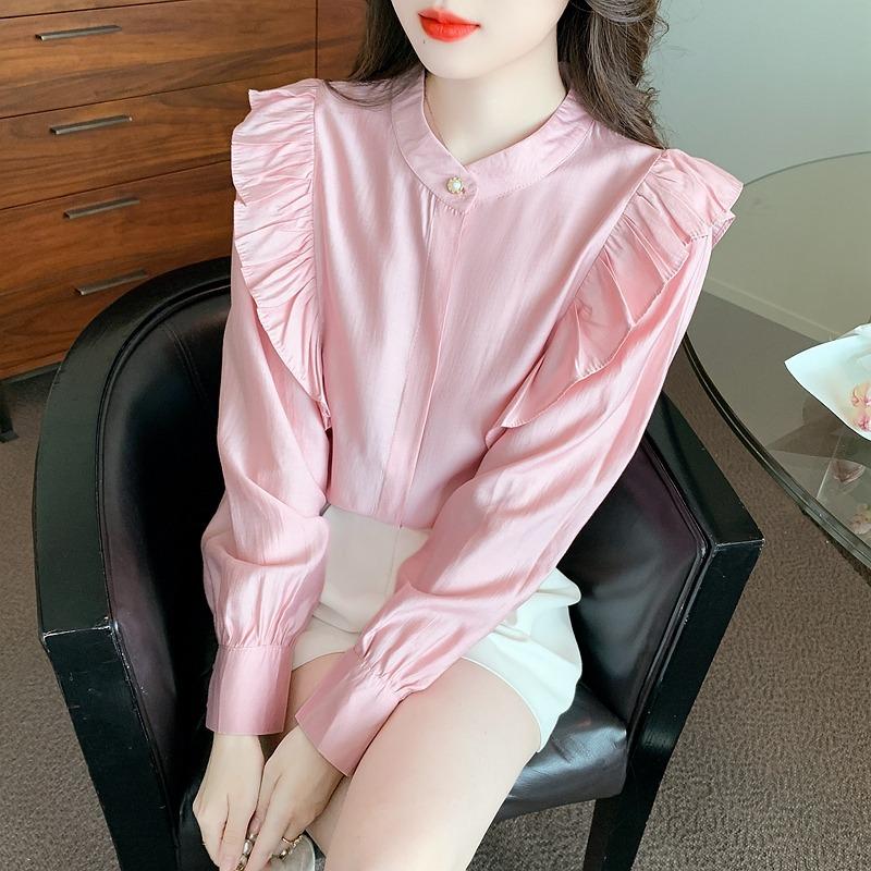 Móda Dámské O Krk Volánové Elegantní Dámské Blůzy Růžový Houbový Lem Dlouhý Rukáv Vintage Ležérní Košile Topy Jednobarevná Slim Fit Košile Dámské Oblečení 3404