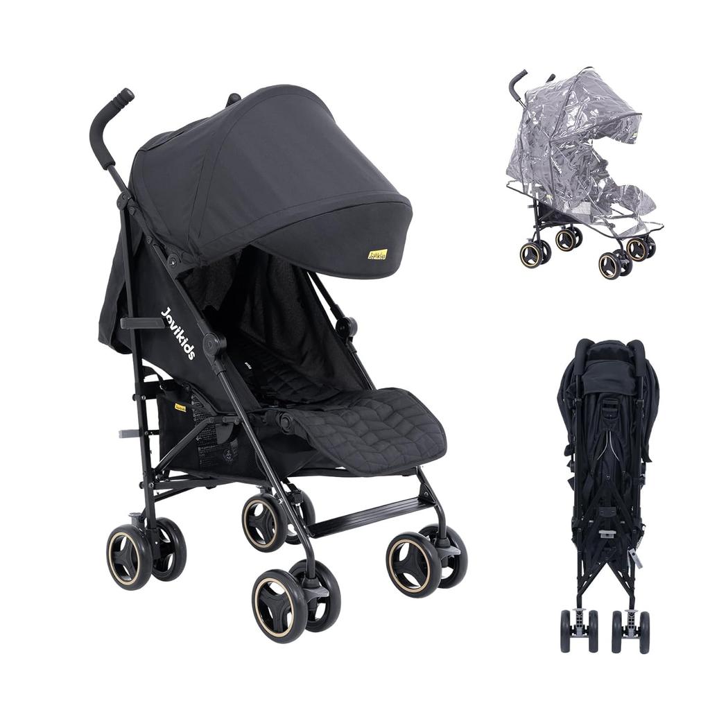 Cochecito Jovikids, Cochecito Plegable Pequeño con Función Reclinable, Cochecito de Viaje Plegable hasta 22 kg Incl. Toldo solar, funda para la lluvia y portavasos (Negro)