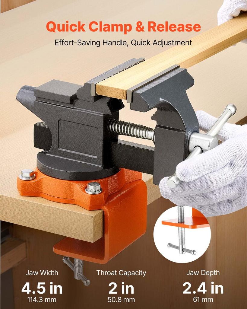 Bench Vise, 4.5 Inch, Portable Workbench Vice with 270° Swivel Base, Quick Release Rotating Bench Clamp, Cast Iron Construction, for Woodworking,