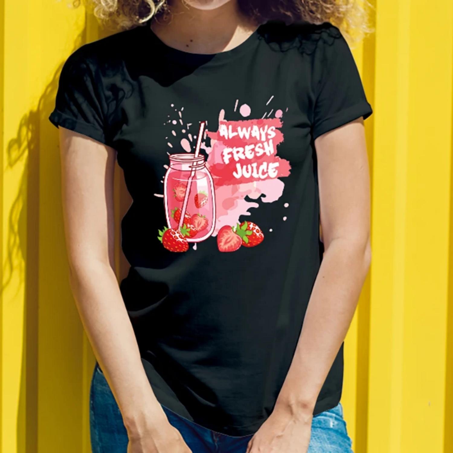 

Women s Short Sleeve T-Shirt Always Fresh Juice Strawberry Drink Print for Outdoor Refreshments Young Women with a Vivacious S чёрный