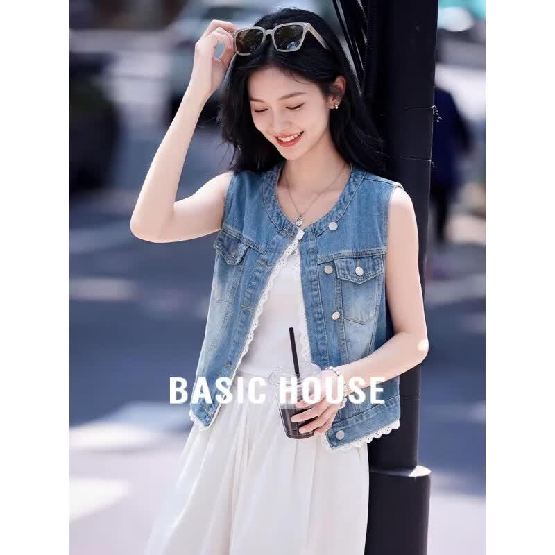 Basic House Women s Retro Blue Lace Patchwork Denim Vest M