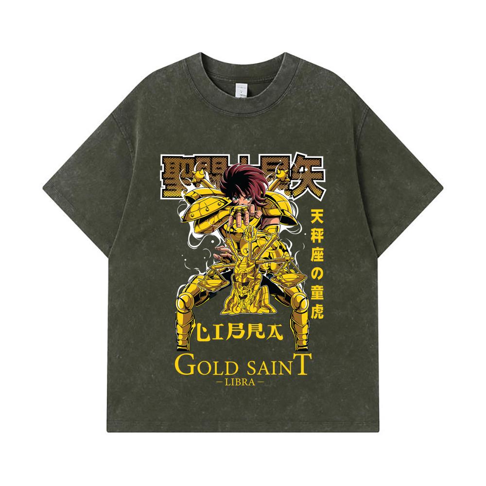 

275 GSM Washed T-shirts 100% Cotton Saint Seiya V23 Libra Print Unisex Heavy Cotton T Shirt S армия зеленый