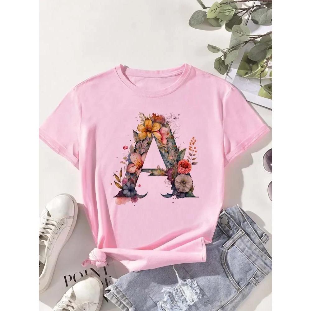 A B C D E English Alphabet Floral T Shirt Women New Summer Female T-Shirt Harajuku Casual Tops Tshirts