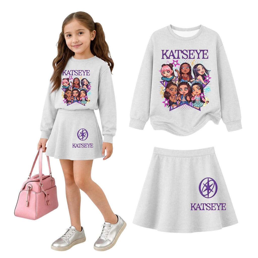 Girls' Long Sleeve Neck Top and Skirt 2 Piece Casual Outfit Set for Everyday Wear