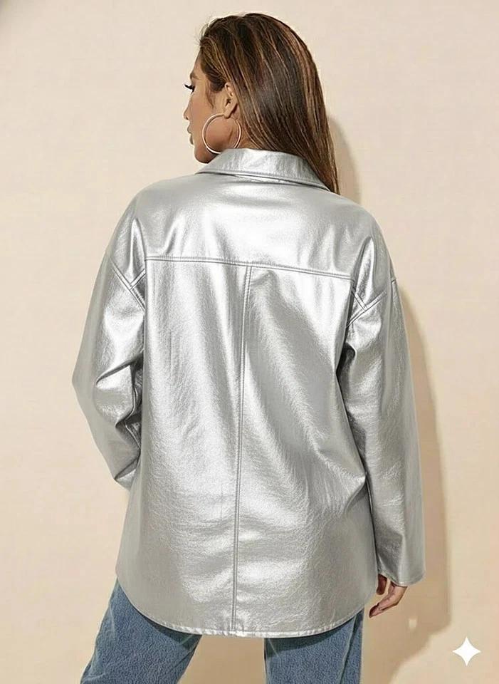 Silver Women's Causal Lambskin Leather Shirt Genuine Handmade Office Fit Stylish