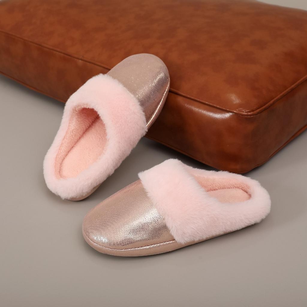 Imitation Fur Shiny Leather Cotton Slippers for Men and Women In Autumn and Winter, Anti Slip, Warm and Thick Fur Confinement Shoes, Bedroom Slippers
