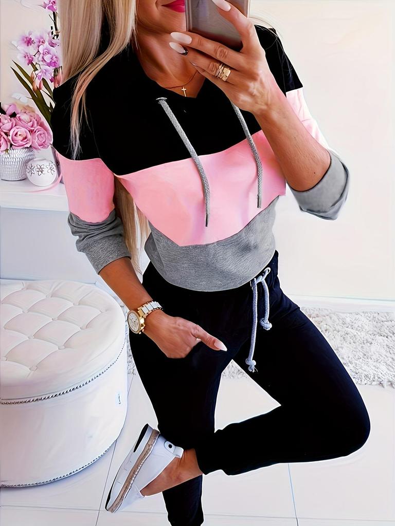 2025 Spring Long Sleeve Casual Color Block Hoodie Sweatshirt