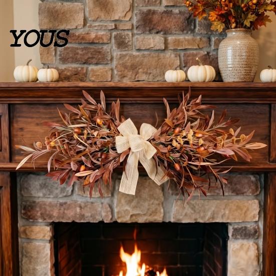 Decorative Wreath for Mantel 23.6" Artificial Olive Wreath, Faux Fall Leaf Teardrop Swag, Autumn Door Hanger Curved with Burlap Bow Thanksgiving Front