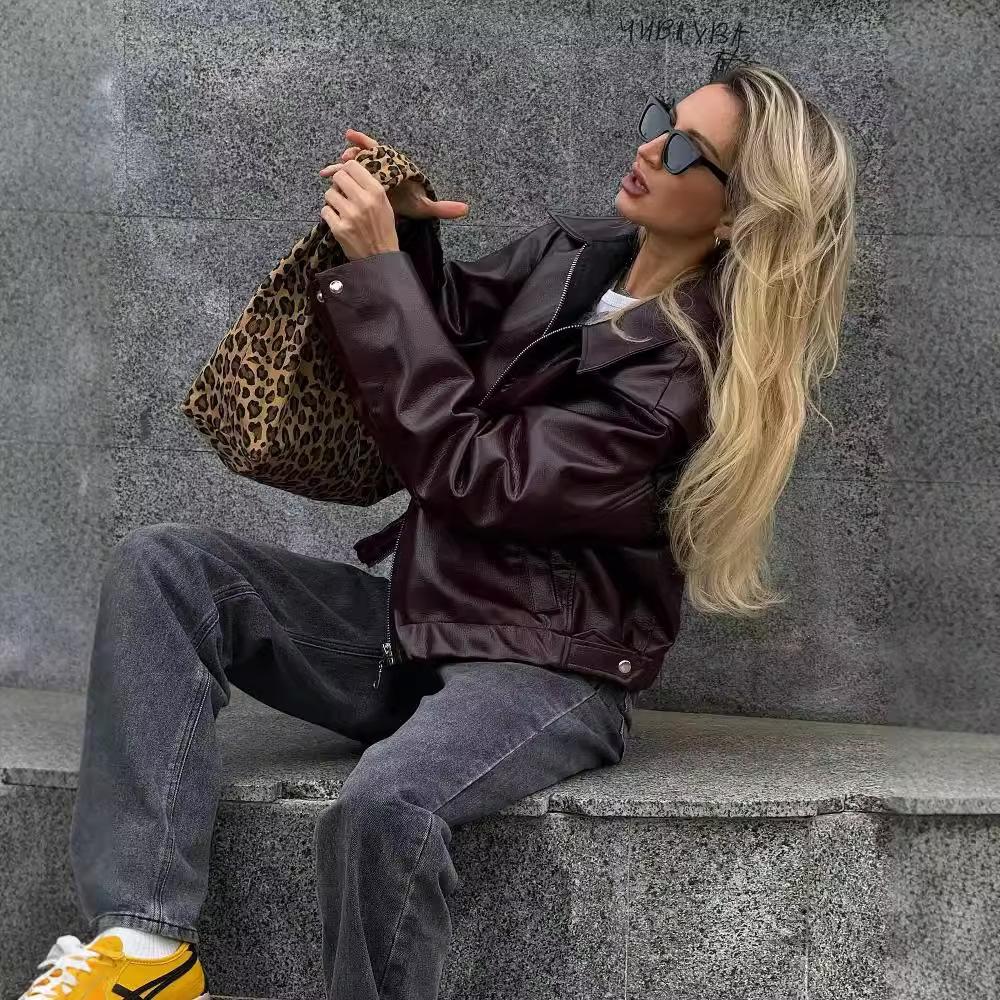 Women'S Solid Color Square Neck Leather Jacket