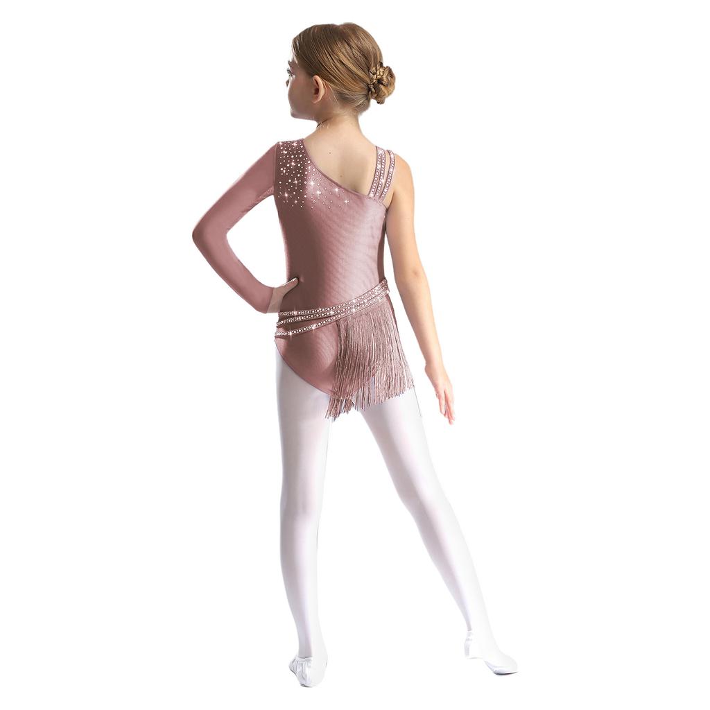 Girls Sparkling Rhinestones Fringe Leotard Irregular Tassel Bodysuit Figure Skating Dance Performance