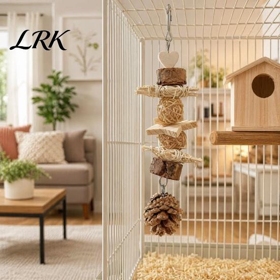 Natural Bird Chew Toys Parrot Toy, Pine Cone Wooden Blocks Dried Fruit Toy Enrichment Cage Accessories for Small Medium Parrots Foraging Biting