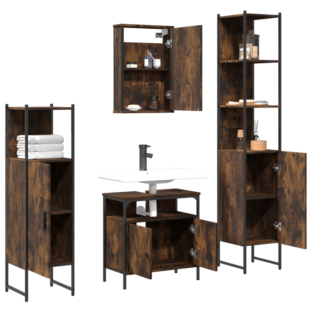 4 Piece Bathroom Furniture Set Smoked Oak Wood Based Material