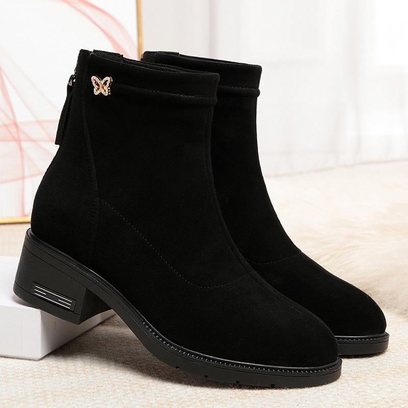 Women's Autumn Winter New Low Heel Comfortable Plush Velvet Fashion Black Suede Short Boots Zipper Warm Snow Boots