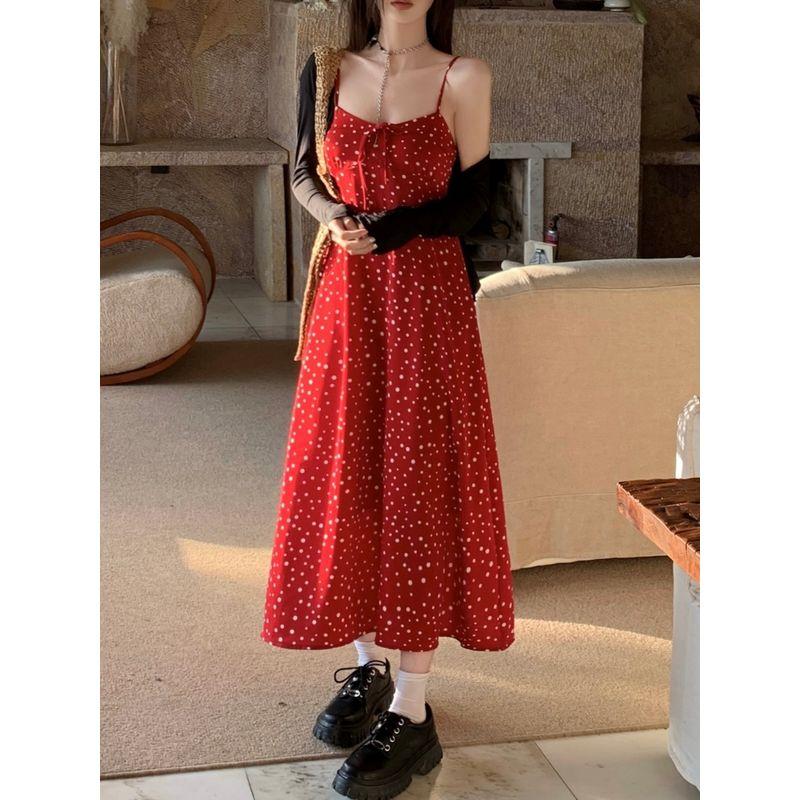 Kumikumi French Style Vacation Style Red Small Floral Sling Dress Women's Summer Tight Waist Slimming A- Line Skirt Long Dress