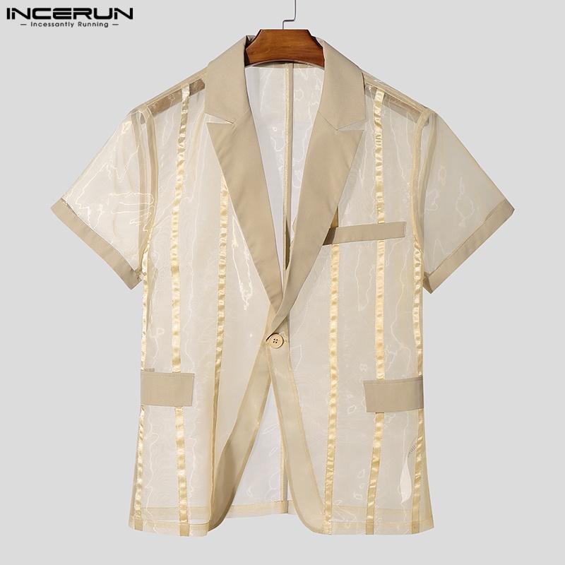 INCERUN Men Summer Deep V Striped Stitching See Through Mesh Sheer One Button Shirts