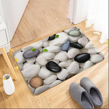 Pebble Stone Texture Door Mat Realistic River Rock Non-Slip Absorbent Entrance Rug Nature Green Leaf Decor Carpet