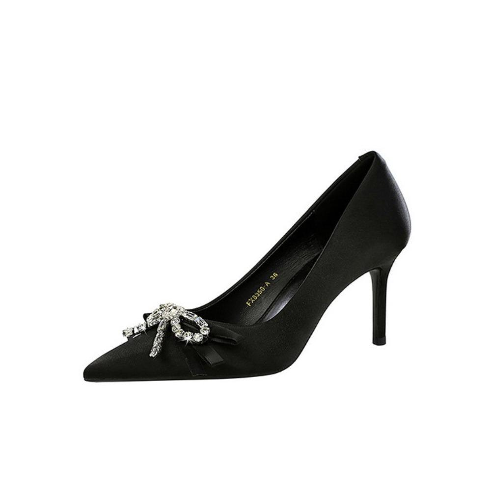 Women French Elegant Satin Slip On Pumps, Thin Stiletto Heels With Rhinestone Ribbon Bow Ornament For Evening Occasions DS-8358-AH133 34 чёрный