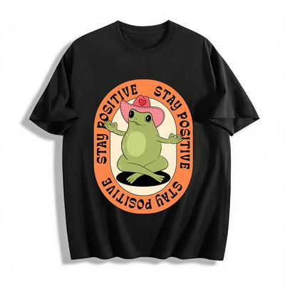 Women Men Fun Meditating Frog Print T-shirt Vintage Motivational Slogan Casual Crewneck Top Pure Cotton T-shirt