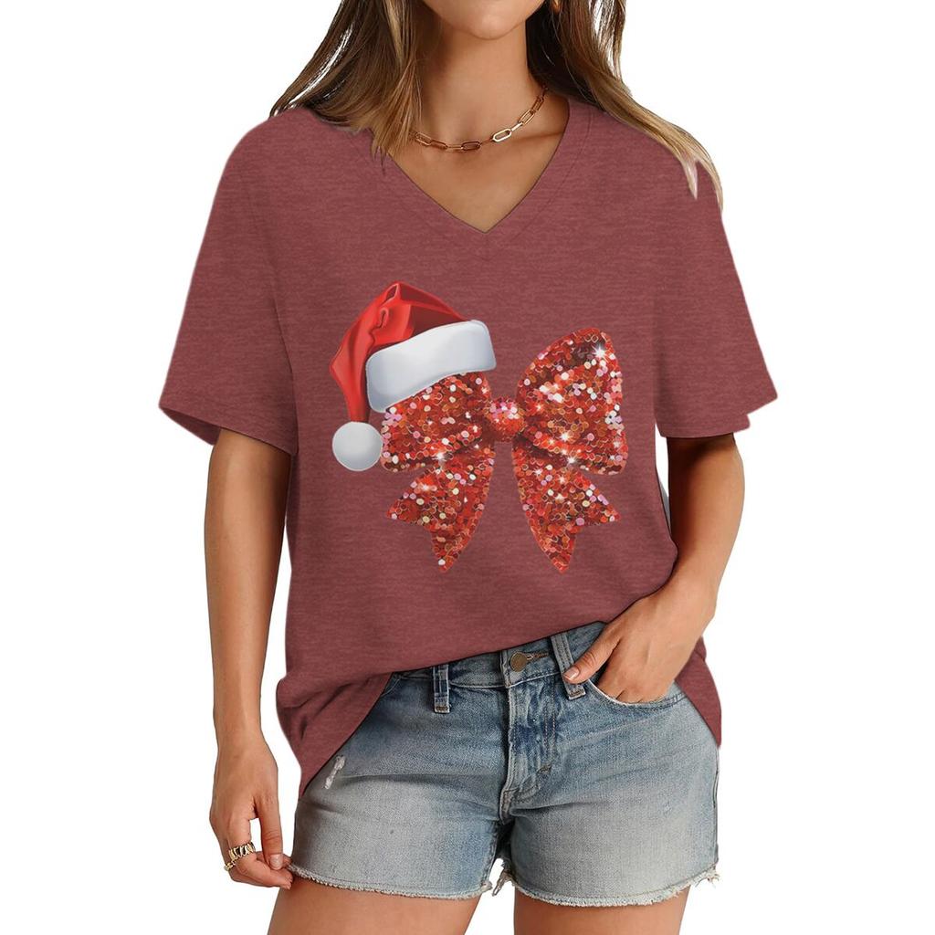 Christmas Santa Hat  Glittery Red Bow TShirt for Women Vneck Festive Holiday Party Tops Women Merry Christmas Soft Tee