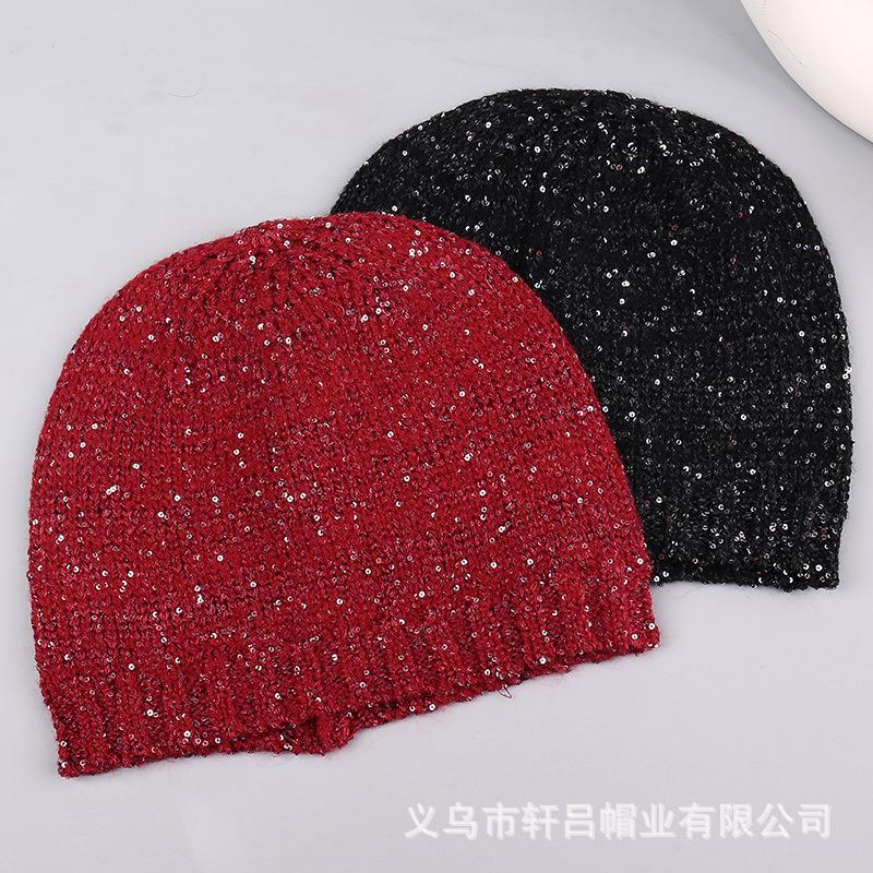 Fashion new sequined mixed yarn wool hat bag head hat men and women autumn and winter warm versatile face small knitted hat tide