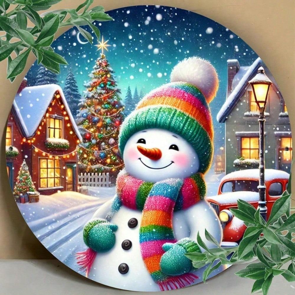 Vintage Santa Snowman Metal Sign Round Wall Art Holiday Home Decor Farmhouse Bar Aluminum