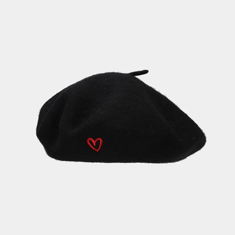 Love Embroidered Wool Beret Cap for Women England Vintage Painter Hat Thicke Warm Solid Berets Female Elegant Woolen Newsboy Cap Vintage Painter Cap