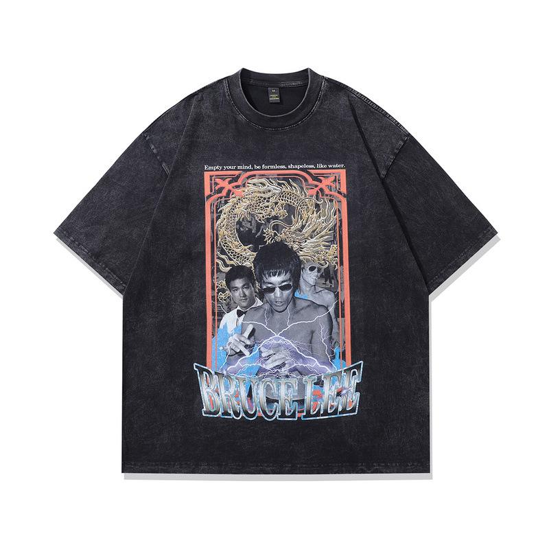 Trendy Brand Men'S Personalized Printing T-Shirt American Retro Oversize Small Neckline Washed And Old Short-Sleeved T-Shirt
