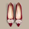 Red Pointed Shallow Mouth High Heels  Suede Women's Stiletto Heel Bridal Shoes Soft Comfort Solid Pearl Wedding Single Shoes