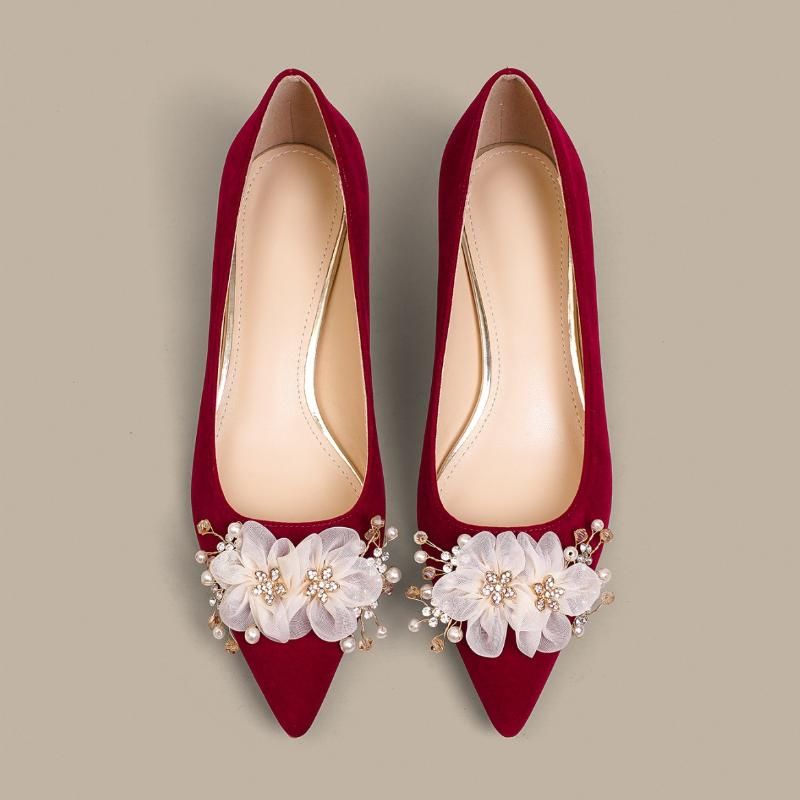 Red Pointed Shallow Mouth High Heels  Suede Women's Stiletto Heel Bridal Shoes Soft Comfort Solid Pearl Wedding Single Shoes