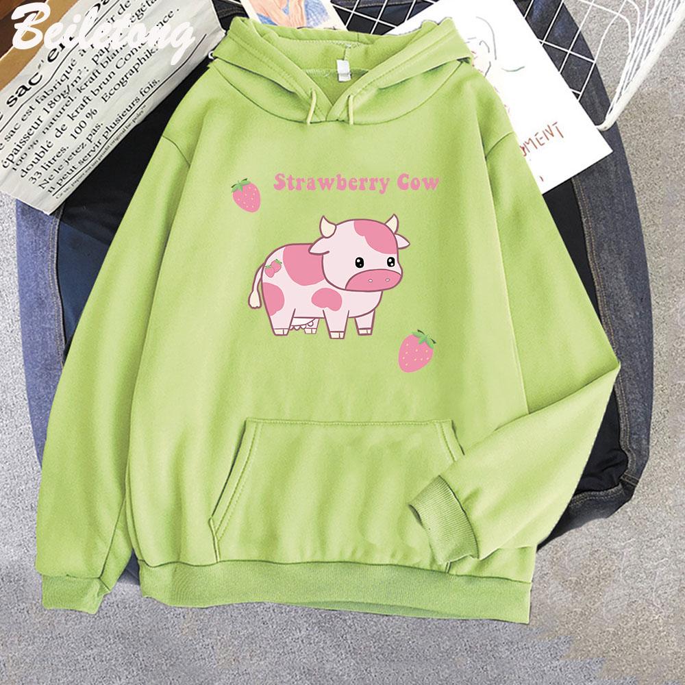 Cow and Strawberry Kawaii Hoodies Casual Pullover Loose Sweatshirt Aesthetic Clothes for Women Funny Sudadera Mujer Blue Cartoon